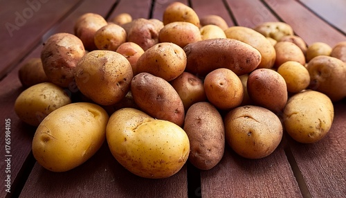 close up of a pile of unwashed earthy potatoes and tubers with varied brown and yellow skins likely at a market or after harvest