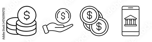 Mobile banking app with dollar coins and hand for financial transaction and investment