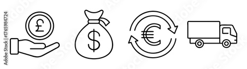 Global currency exchange and international trade with pound dollar euro and delivery truck icon