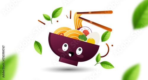 Adorable vector illustration of a smiling noodle bowl with chopsticks lifting ramen noodles, surrounded by green leaves and fresh ingredients like eggs, broccoli, and salmon slices.