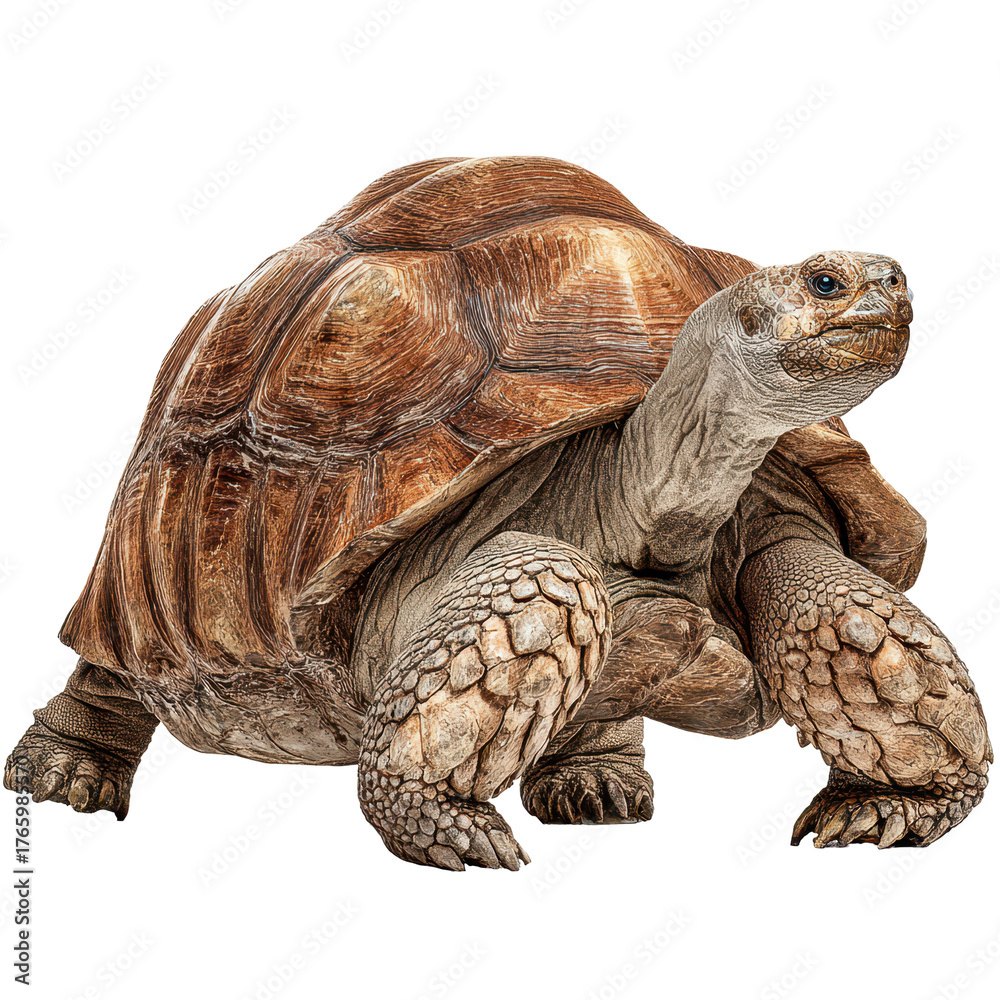 Naklejka premium Large tortoise walking across a sandy terrain with a friendly expression under bright sunlight isolated on transparent background