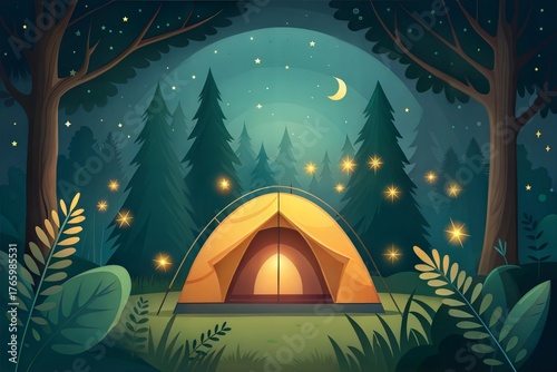 Cozy Camping Tent in Forest at Night with Fireflies and Crescent Moon Adventure illustration.