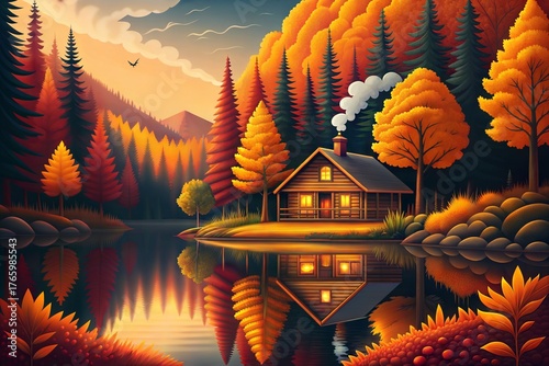 Cozy Autumn Cabin by the Lake with Golden Reflections Peaceful Fall Forest illustration.