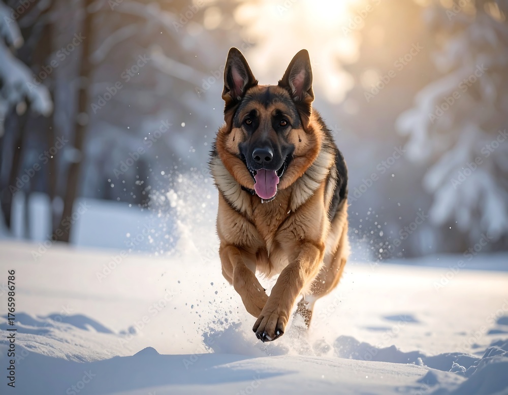 Naklejka premium A German Shepherd dog sprints through a snowy winter landscape