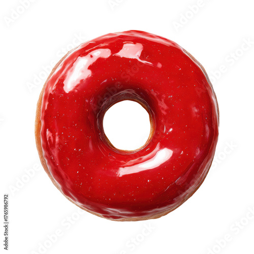 Red glazed donut with a shiny finish placed on a clean white background ready to be enjoyed isolated on transparent background