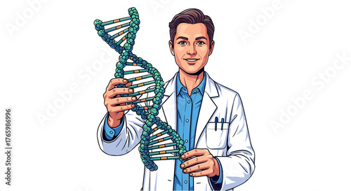 Scientist holding dna strand double helix genetic research biology medicine healthcare gene study lab research on transparent background