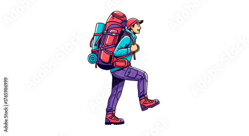 Illustration of a man hiking with a large backpack outdoor adventure travel and trekking in nature scene art on transparent background