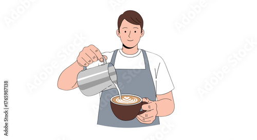 Barista making latte art pouring milk into coffee cup professional coffee making skills and techniques on transparent background