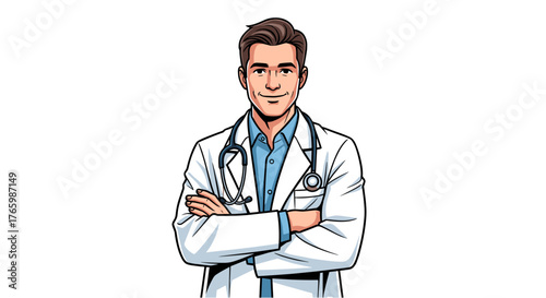 Professional confident doctor with stethoscope in white coat for healthcare and medical concept image on transparent background