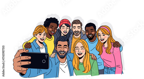 Group selfie of diverse friends smiling and laughing together in a cheerful and fun social gathering scene on transparent background