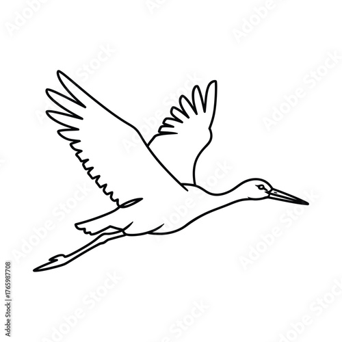 Elegant crane bird in flight silhouette line drawing