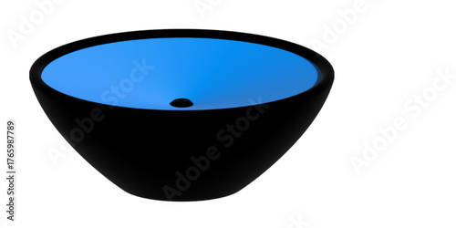Blue glass button icon and empty black metal wok cooking utensil