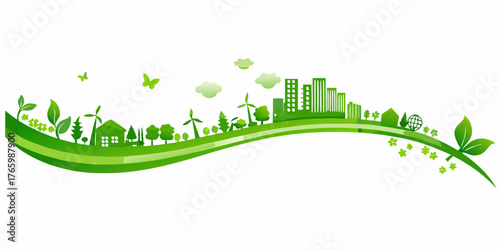Green eco friendly landscape with wind turbines buildings trees and butterflies on a white background