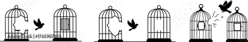 Bird Escaping from Broken Cage – Freedom and Liberation Concept Vector Illustration
