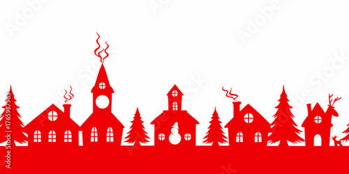 Red christmas village silhouette with snowman and reindeer on white background