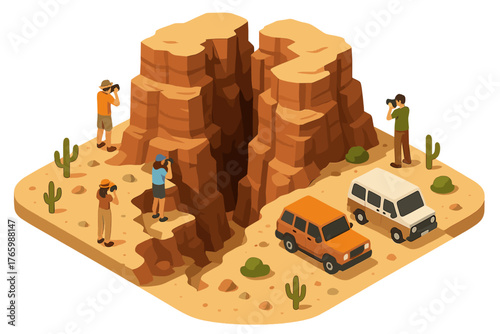 Isometric canyon exploration with photographers and suvs in desert landscape