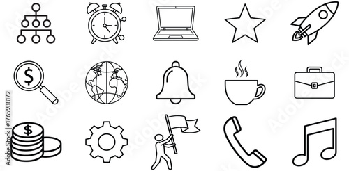 Business Growth Icons, Set Of Rocket Star Laptop And Money Symbols For Startup Design Project Management And Productivity Applications

