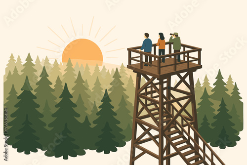 Diverse group enjoying forest sunrise from elevated viewing platform