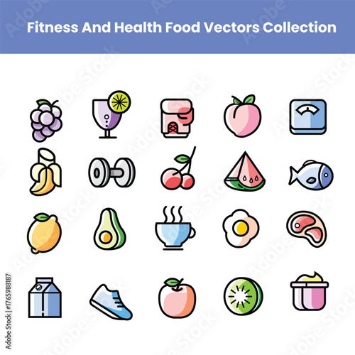 Flat food icons set for restaurant and drink design,  Fitness And Health Food Vectors Collection