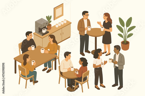 Isometric illustration of people socializing in an office break room