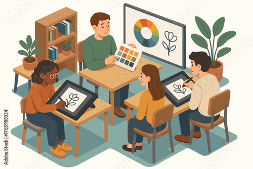 Diverse young adults in art class engaging in digital illustration activity