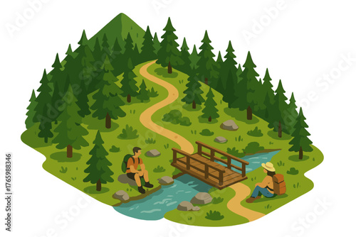 Two people hiking in forest with bridge and stream scene