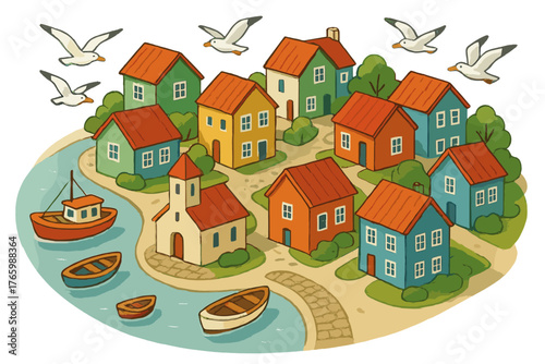 Charming coastal village with colorful houses and seagulls overhead