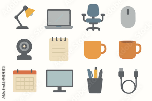 Office tools collection: laptop, chair, mouse, webcam, notepad, mug, calendar, monitor, pens, cable