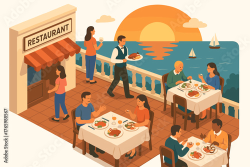 Diverse group dining at outdoor restaurant terrace with ocean sunset view