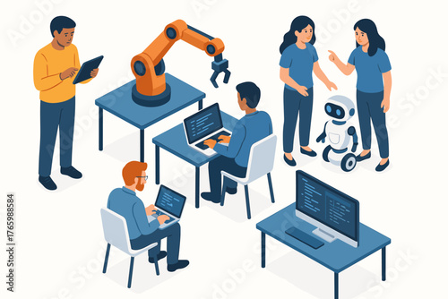 Diverse professionals in robotics and programming collaboration