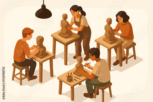 Group of young diverse adults sculpting clay figures in art class