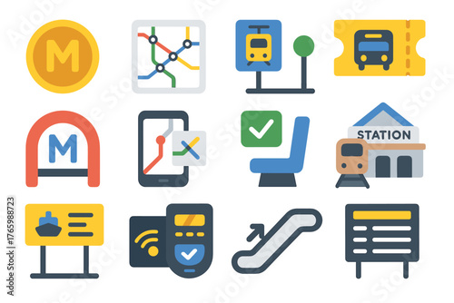 Public transportation icons set: subway, bus, train, ticket, station, map, escalator, payment