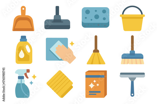 Household cleaning tools collection with broom, sponge, bucket, and spray bottle