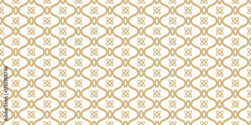 Golden abstract ornamental floral seamless pattern in folk style. Vector geometric texture with flower silhouettes, curved lines, mesh, grid, lattice. Luxury gold and white background. Modern design