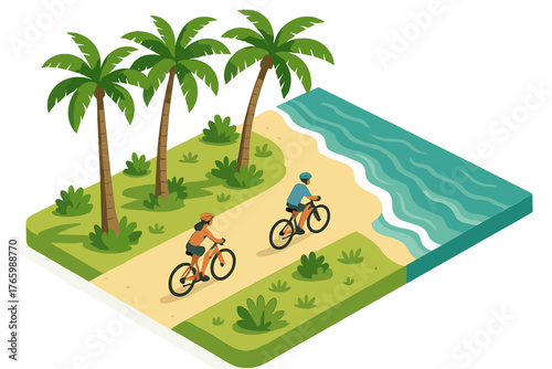 Two adults cycling along a tropical beach path