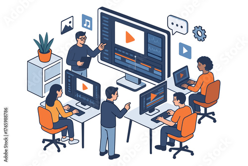 Diverse team collaborating in multimedia office with computers and interactive screens