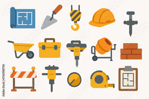 Construction tools icons: blueprint, hard hat, wheelbarrow, jackhammer, concrete mixer