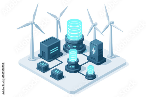 Futuristic energy network with wind turbines and digital components