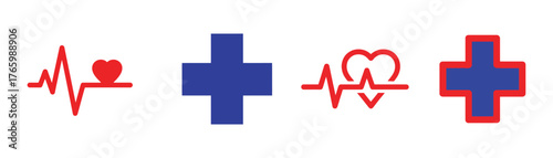 Vector art of medical symbols represent healthcare, wellness, and emergency services with heartbeats and crosses in red and blue colors on transparent background