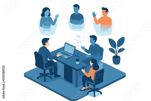 Remote business meeting with diverse team in virtual workspace