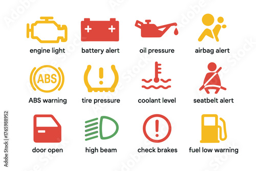 Vehicle dashboard warning icons: engine, battery, oil, airbag, abs, tire, coolant, seatbelt