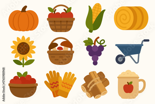 Autumn harvest illustration with pumpkin, apples, corn, and seasonal elements