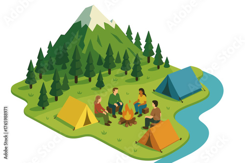 Group of young adults camping by river in forested mountain landscape
