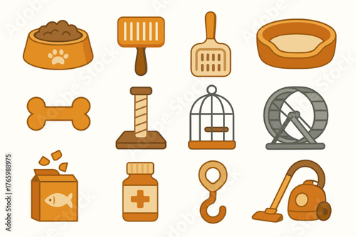 Collection of pet supplies for cats and small animals including food, toys, and accessories