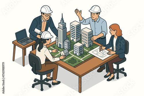Diverse architects planning urban development with model and blueprints
