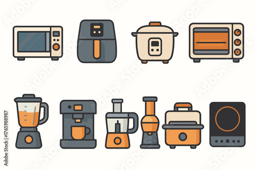 Home kitchen appliances icons: blender, coffee maker, microwave, air fryer, toaster