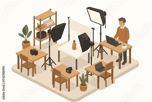 Cozy home studio with male caucasian young photographer editing photos