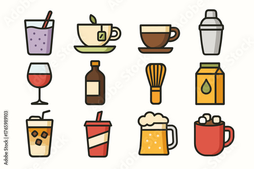Colorful beverage icons including coffee, tea, and cocktail illustrations