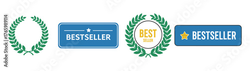 Vector art of bestseller badge and laurel wreath collection, ideal for product promotion, award recognition, and achievement celebration on transparent background