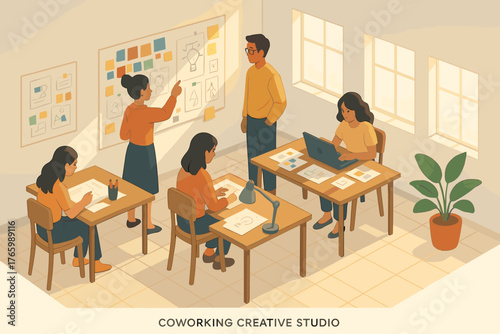 Diverse team collaborating in modern coworking space with creative projects